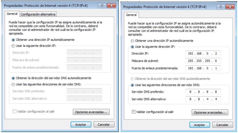 Adaptador de red con DHCP (izquierda) y con IP estática (derecha)