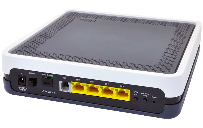 ONT de Movistar con CPE completo (router, switch, punto de acceso Wi-Fi y ATA para telefonía analógica)