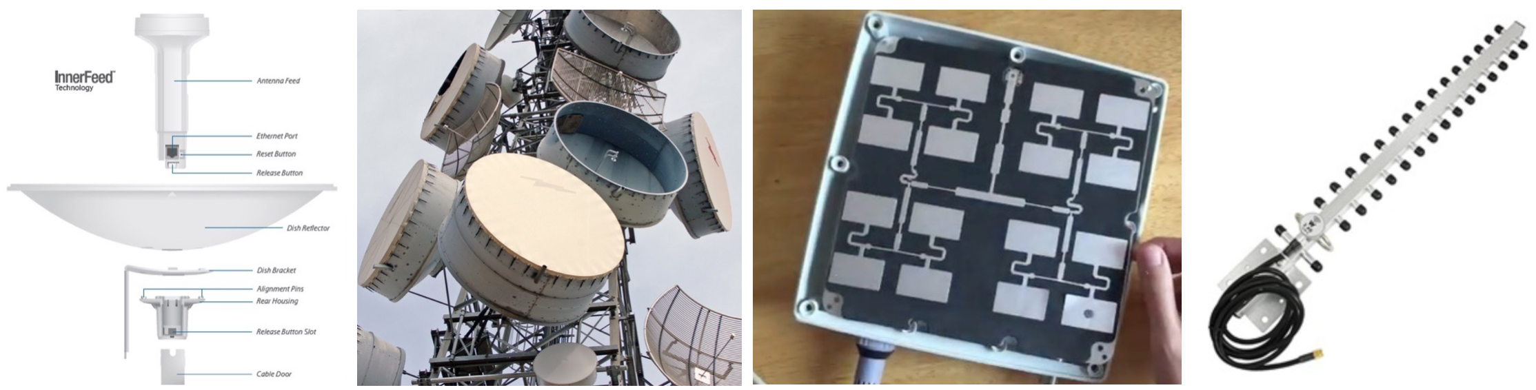 Parábola Ubiquiti (hw integrado), torre con tambores, panel moi directivo (desmontado, polarización vertical) e yagi para 2.4 GHz