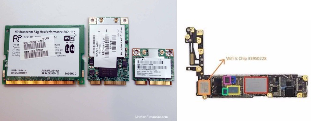 Radios Wi-Fi formato Mini-PCI (típica WMAN), PCI express mini, PCI express micro, e chip na placa base dun iPhone 6 