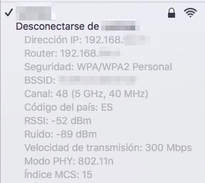 Cliente Wi-Fi n preto do AP: 40 MHz de ancho, MCS 15, 300 Mbps